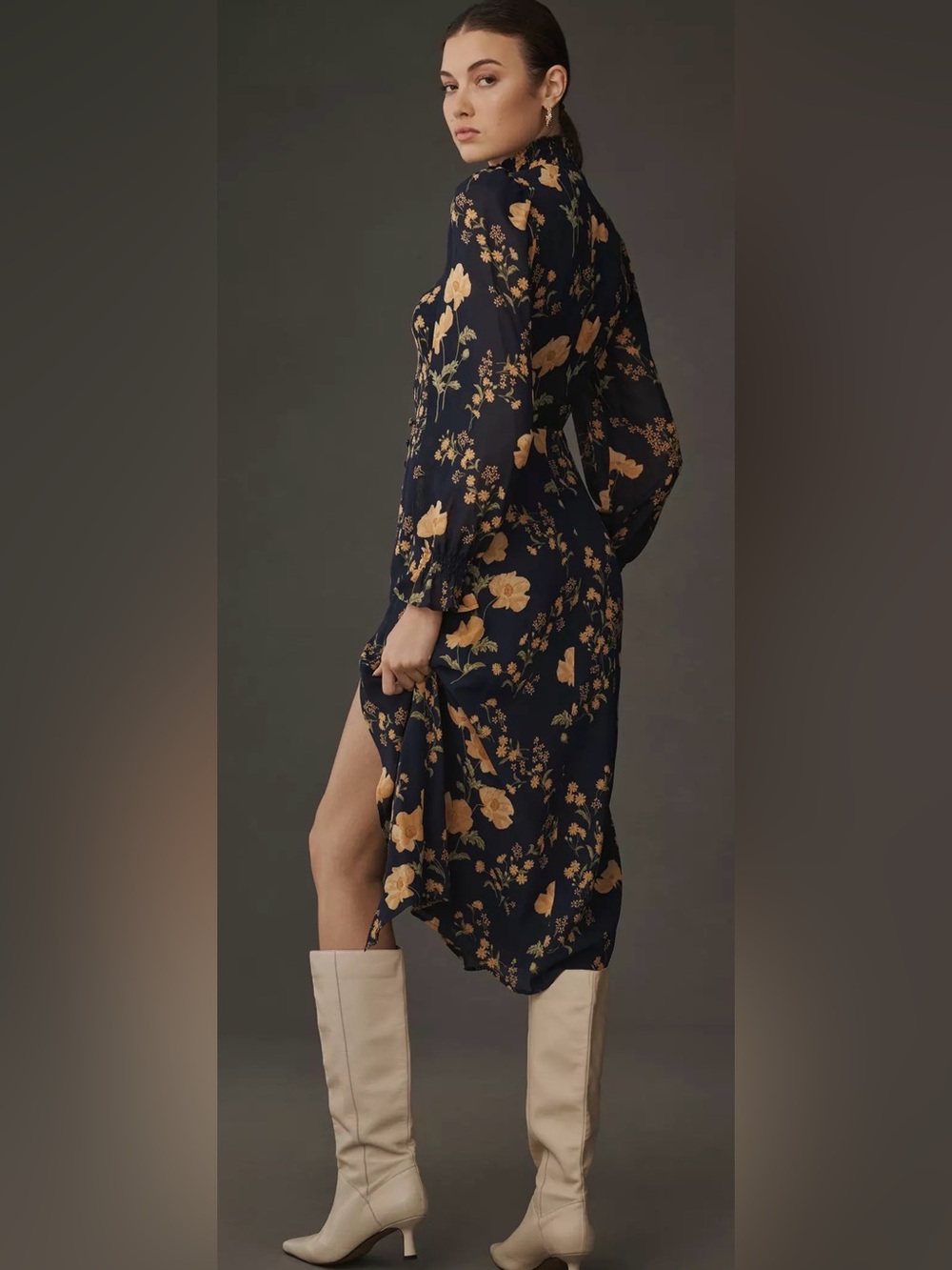 Reformation The Stevi Dres Dark Navy Floral Long-Sleeve Dress - Picture 4 of 13